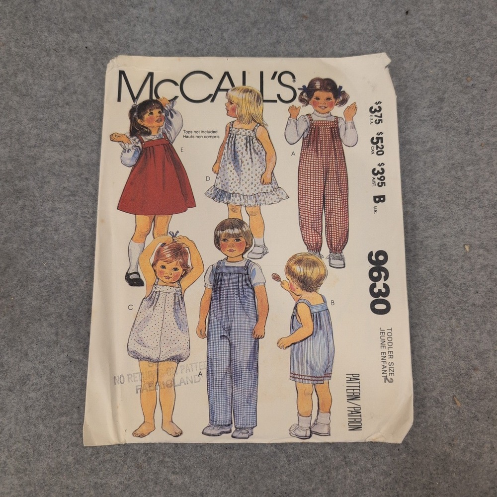 Vintage McCall's 9630 Toddler Overalls Romper Jumper Pattern Size 2 1985